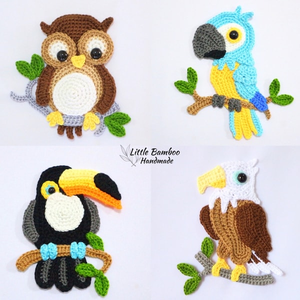 PATTERN- Birds Applique Set-Owl, Parrot, Toucan and Eagle - Crochet Pattern, pdf