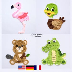 PATTERN- Wetland Animals Applique Set-Flamingo, Duck, Beaver and Alligator - Crochet Pattern, pdf
