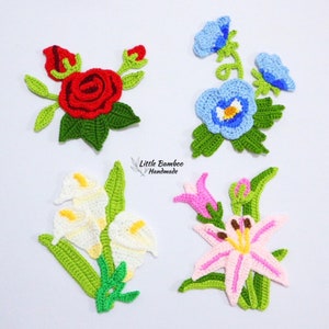 PATTERN- Beautiful Flowers Applique Set-Rose, Pansy, Calla Lily and Lily - Crochet Pattern, pdf