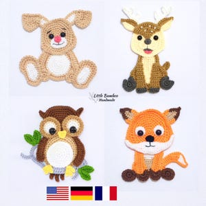 MOTIF - lot d&#39;appliques animaux de la forêt B-lapin, cerf, hibou et renard - motif au crochet, pdf