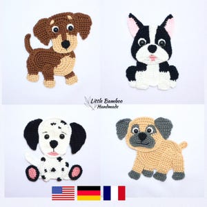 PATRÓN - Conjunto de apliques de perros C - Dachshund, Boston Terrier, Dálmata y Pug - Patrón de crochet, pdf