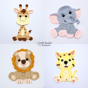 PATTERN- Safari Animals Applique Set-Giraffe, Lion, Elephant and Leopard - Crochet Pattern, pdf