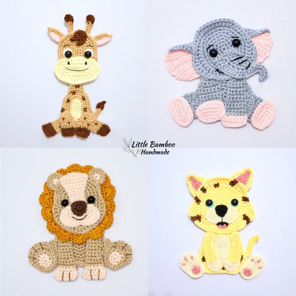 PATTERN- Safari Animals Applique Set-Giraffe, Lion, Elephant and Leopard - Crochet Pattern, pdf