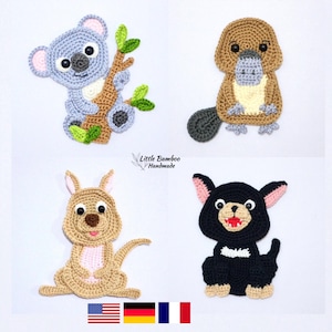 MUSTER- Australische Tiere Applikation Set - Koala, Känguru, Schnabeltier und Tasmanischer Teufel - Häkelanleitung, pdf