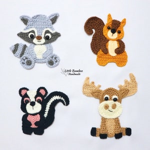 PATTERN- Woodland Animals Applique Set A-Raccoon, Squirrel, Skunk and Moose - Crochet Pattern, pdf