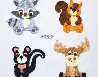 PATTERN- Woodland Animals Applique Set A-Raccoon, Squirrel, Skunk and Moose - Crochet Pattern, pdf