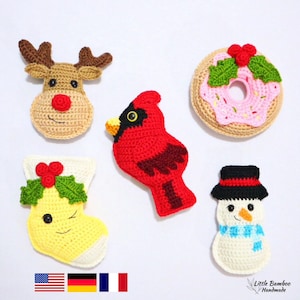 Christmas Ornament Crochet Pattern Set A-Reindeer, Cardinal, Doughnut, Snowman and Christmas Stocking (PDF)