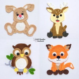 PATTERN- Woodland Animals Applique Set B-Rabbit, Deer, Owl and Fox - Crochet Pattern, pdf