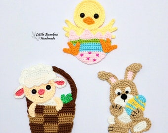 PATTERN- Easter Animals Applique Set-Chick, Lamb, Bunny - Crochet Pattern, pdf