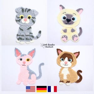 MUSTER- Katzen Applikationen Set A-Scottish Fold, Siam, Sphynx, Schneeschuh- Häkelanleitung, pdf