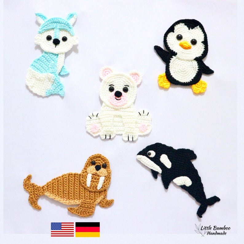 PATTERN- Arctic Animals Applique Set-Arctic Fox, Polar Bear, Penguin, Walrus and Orca - Crochet Pattern, pdf image 1