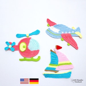 PATTERN- Transportation Applique Set A-Sailing Boat, Aeroplane and Helicopter - Crochet Pattern, pdf