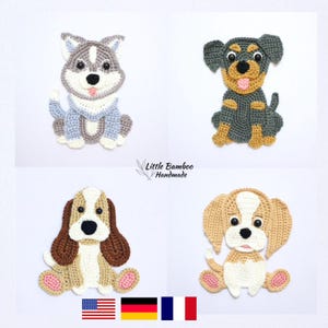 PATTERN- Dogs Applique Set B-Husky, Rottweiler, Basset Hound and Beagle - Crochet Pattern, pdf