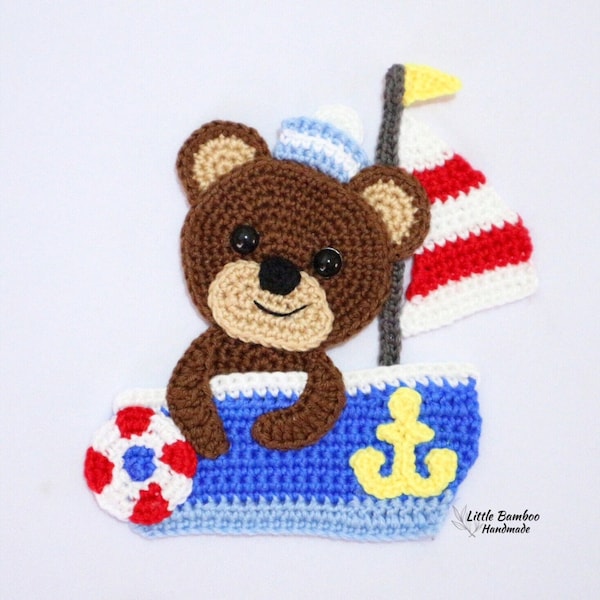 PATTERN- Bear On Sail Boat Applique-Crochet Pattern, pdf