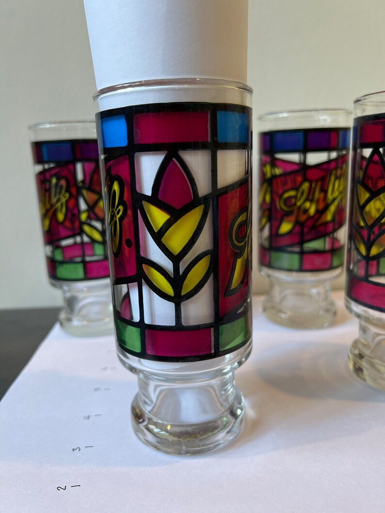 Vintage Schlitz Tiffany Style Stained Glass Beer Glasses/ Bar Glasses