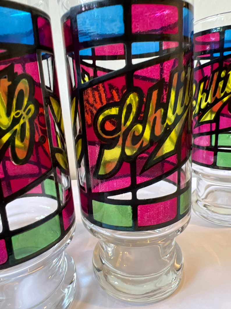 Vintage Schlitz Tiffany Style Stained Glass Beer Glasses/ Bar Glasses