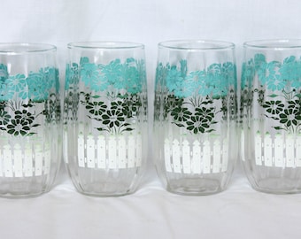 Vintage Blue and Green Flower and White Fence Glasses