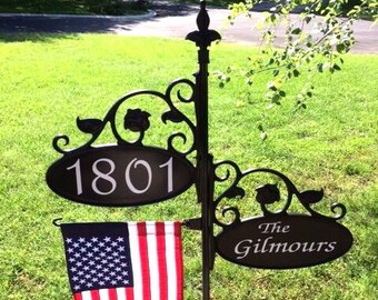 Park Ave Double Address Yard Sign with Name and American Flag on 58" Steel Post