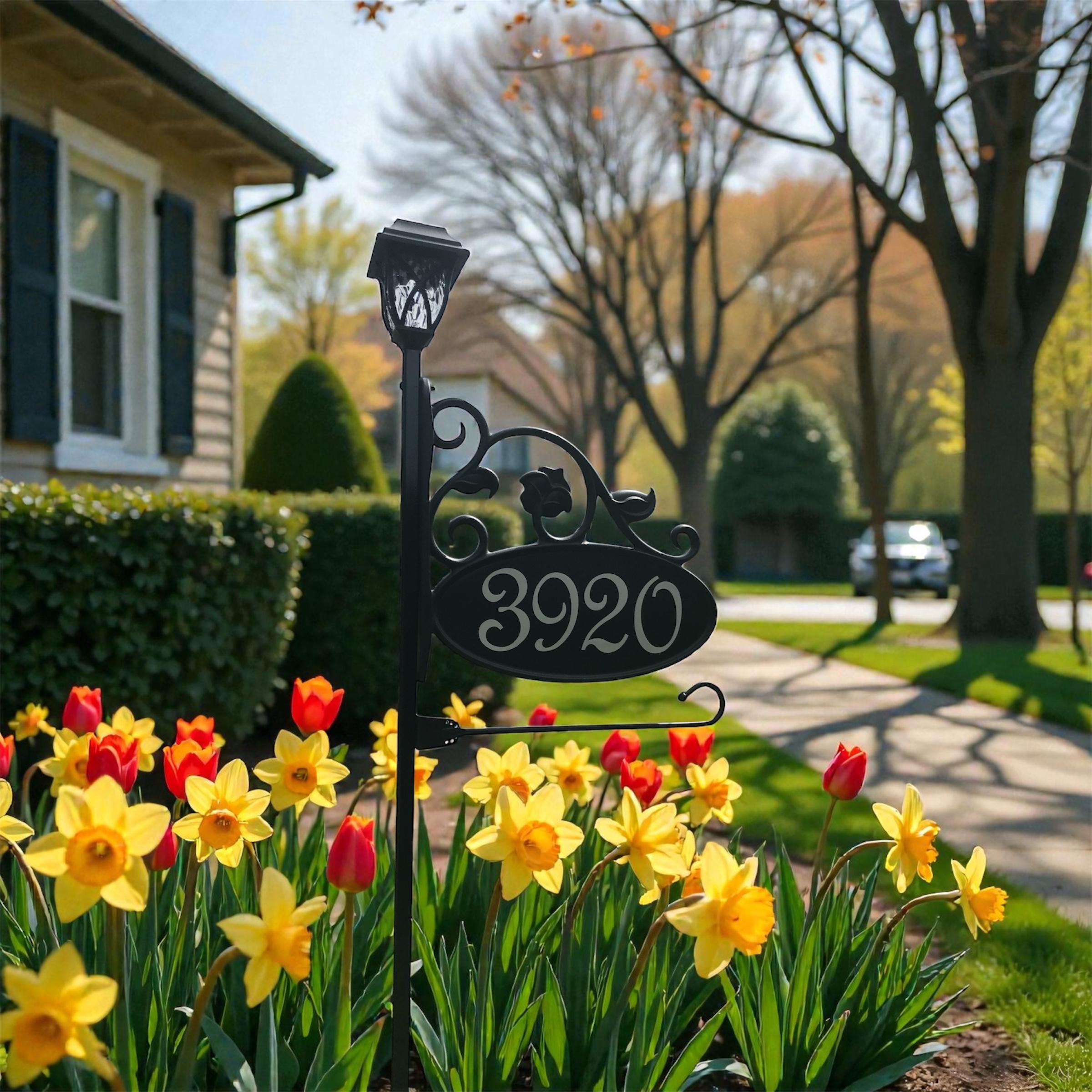 Park Ave Address Yard Sign With Flag Holder and Solar Light. 58