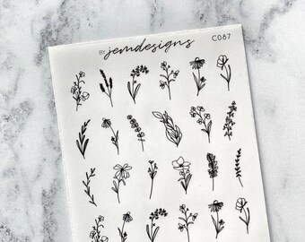 CLEAR Black Wildflower Stickers - Transparent Flower Decorative Minimal Planner Stickers, Journaling Sticker Sheet, Bullet Journal (C087)