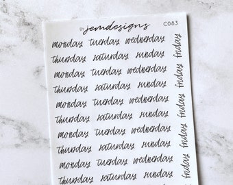CLEAR Script Days of the Week Stickers, Mini Sheet, Functional Planner Stickers, Weekly Planner Stickers, Redate, Bullet Journal (C083)