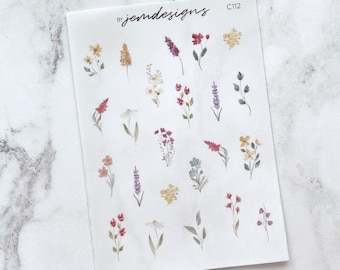 CLEAR Wildflower Stickers, Transparent Floral Decorative Mini Planner Stickers, Flower, Journaling Sticker Sheet,  Journal (C112)