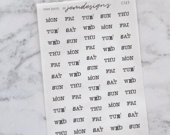 CLEAR 7mm Short Days of the Week Stickers, Stamp Typewriter Font, Transparent Functional Weekly Planner Stickers, Weekday Stickers, (C123)