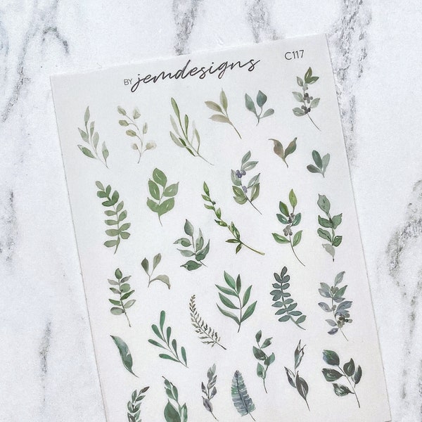 CLEAR Green Leaves Deco Stickers, Transparent Greenery Decorative Mini Planner Sticker, Green Foliage Journaling Sticker Sheet (C117)