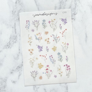 CLEAR Wildflower Bouquet Deco Stickers, Transparent Floral Planner Stickers, Flowers, Journaling Sticker Sheet, Journal (C151)