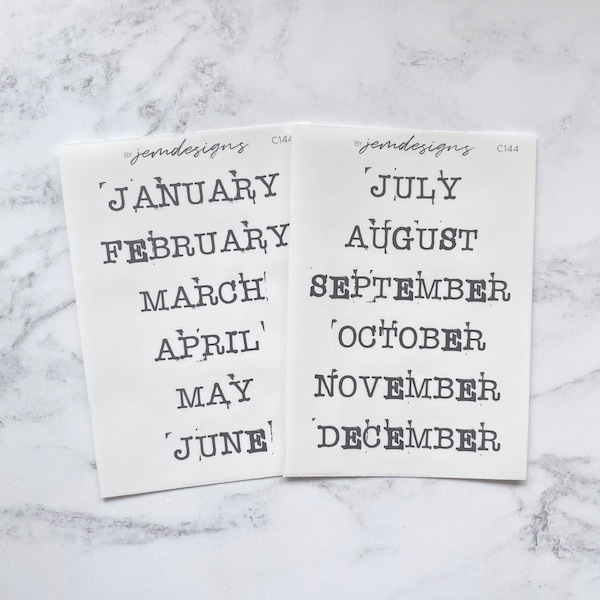 CLEAR Large Month Stickers, Stamp Typewriter Font, Transparent Functional Planner Stickers, Monthly Weekly Redate Journaling Stickers (C144)