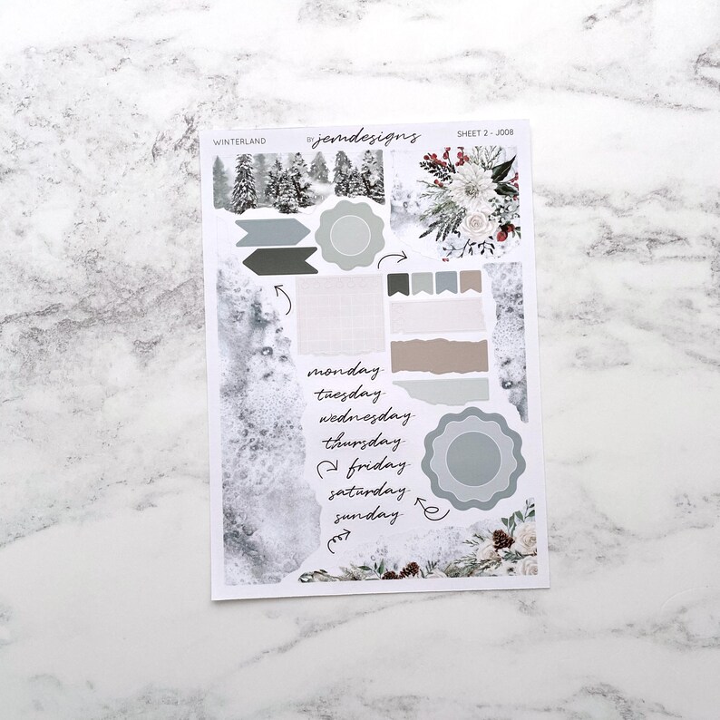 Winterland JOURNAL Sticker Kit, Snowy Winter Decorative Journaling Planner Stickers for Scrapbooks, Notebooks & Journals | J008 Sheet 2