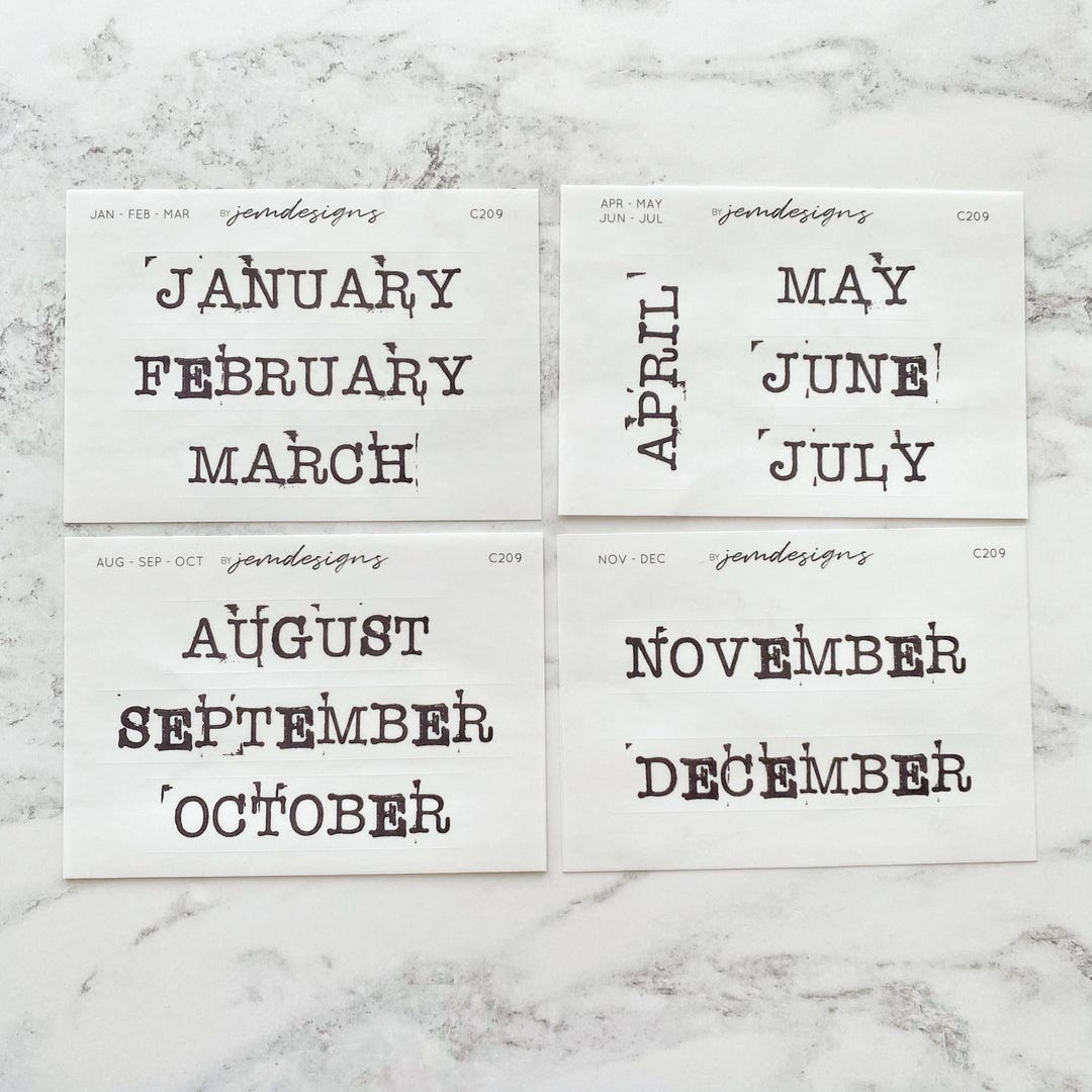 CLEAR Large Month Stickers, Stamp Typewriter Font, Transparent ...
