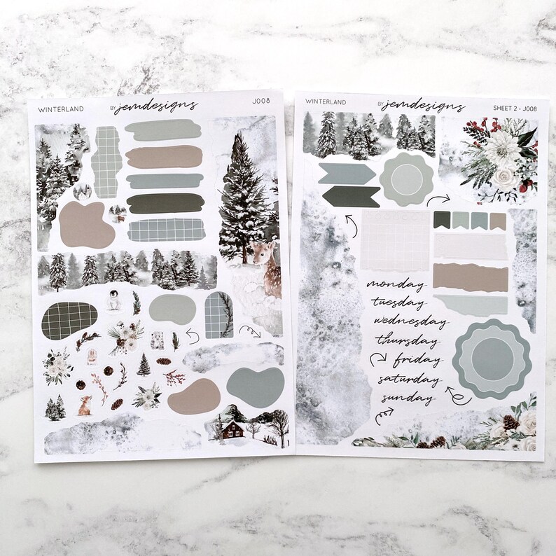 Winterland JOURNAL Sticker Kit, Snowy Winter Decorative Journaling Planner Stickers for Scrapbooks, Notebooks & Journals | J008 Both sheets
