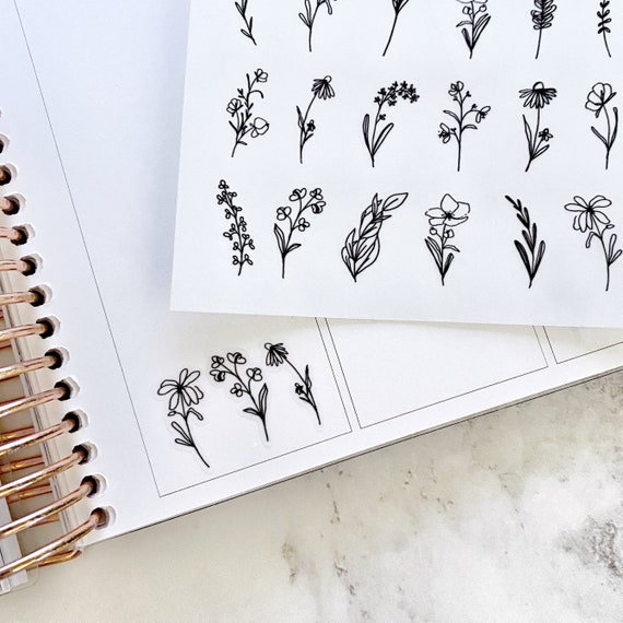 CLEAR Black Wildflower Stickers, Transparent Botanical Flower Decorative  Minimal Planner Stickers, Journaling (C087)