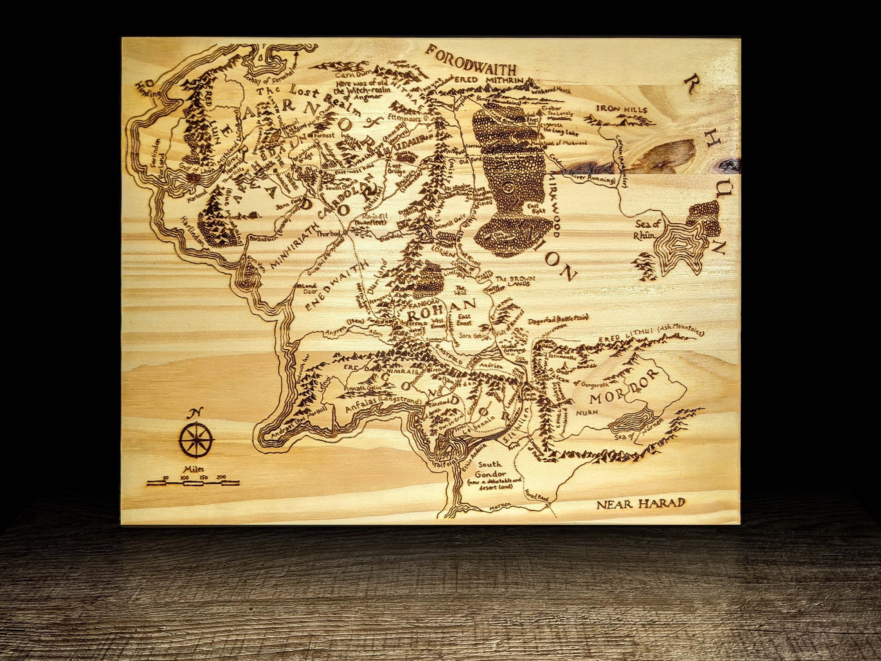 Map Of Middle Earth Map Of Middle Earth Wood Burned Laser Engraved Lord Of The | Etsy