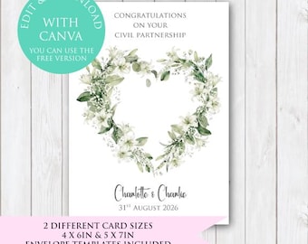 Editable Wedding Card, Green Floral Heart Congratulations, Civil Partnership Vow Renewal (Digital Download)