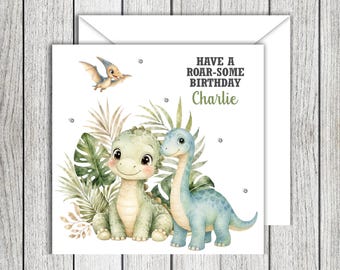 Tarjeta de cumpleaños personalizada de dinosaurios: Dinosaurios en acuarela, borde con detalles de gemas (6 pulgadas cuadradas)