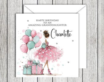 Pastels Balloons & Presents Personalised Birthday Card female