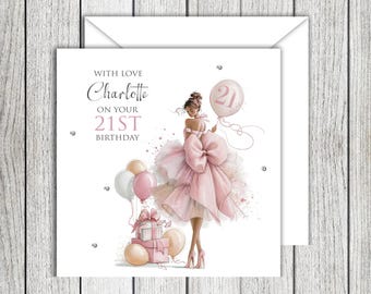 Tarjeta de cumpleaños personalizada para mujer con globos y regalos para su 21 cumpleaños