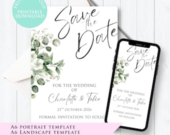Eucalyptus Save the Date – Editable Canva Template, Printable (A6 + Evite)