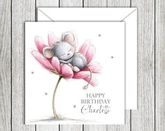 Cute Sleepy Mouse Female Personalised Birthday Card
