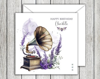 Lavender Gramophone Birthday Card