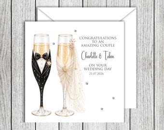 Personalised Mr and Mrs Champagne Flutes Wedding Card Custom Names & Date