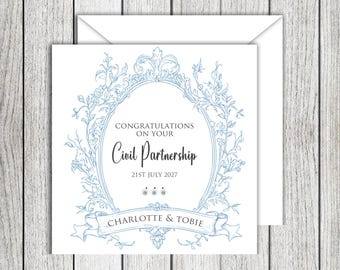 Blue Floral Personalised Civil Partnership Card