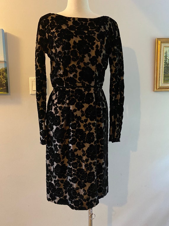 50s Black Velvet Floral Nude Illusion Wiggle Dress