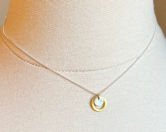 Dainty Sterling Silver Gold Vermeil Necklace, Two Tone Disc Pendant