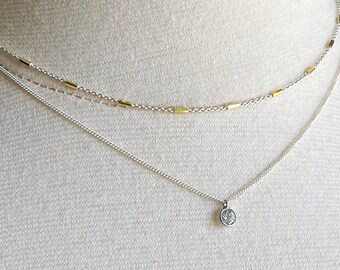 Tiny Crystal Charm Necklace, Mixed Metal Chain Necklace, Minimalist Necklace, Dainty Silver Gold Chain Necklace, Tween Necklace