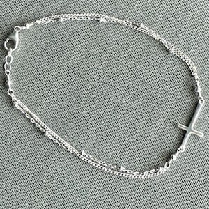 Sterling Silver Sideways Cross Bracelet, Double Strand Satellite Curb Chain, Dainty Religious Jewelry, Layering Bracelet Gift