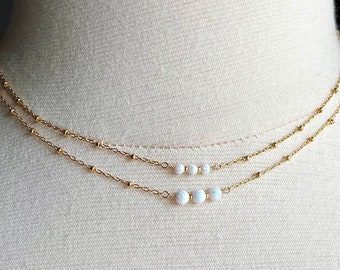 White Lab Opal Necklace, Gold Filled Satellite Chain