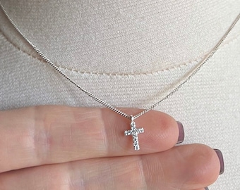 Dainty Sterling Silver CZ Cross Necklace, Minimalist Christian Jewelry